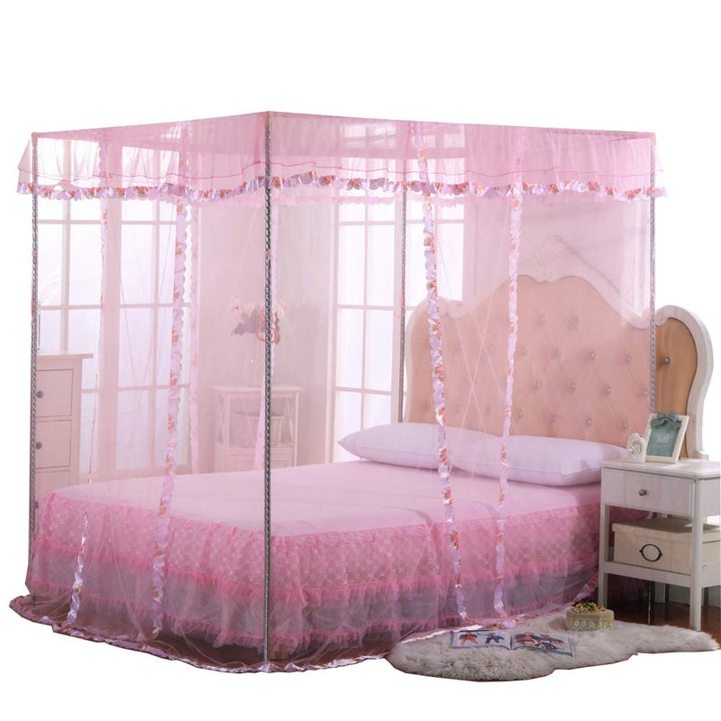 JQWUPUP Twin Canopy Bed Curtains - 4 Corner Canopy for Beds, Bed Canopy for Girls Adults, Bedroom Decor (Twin Size, Pink) - Image 1